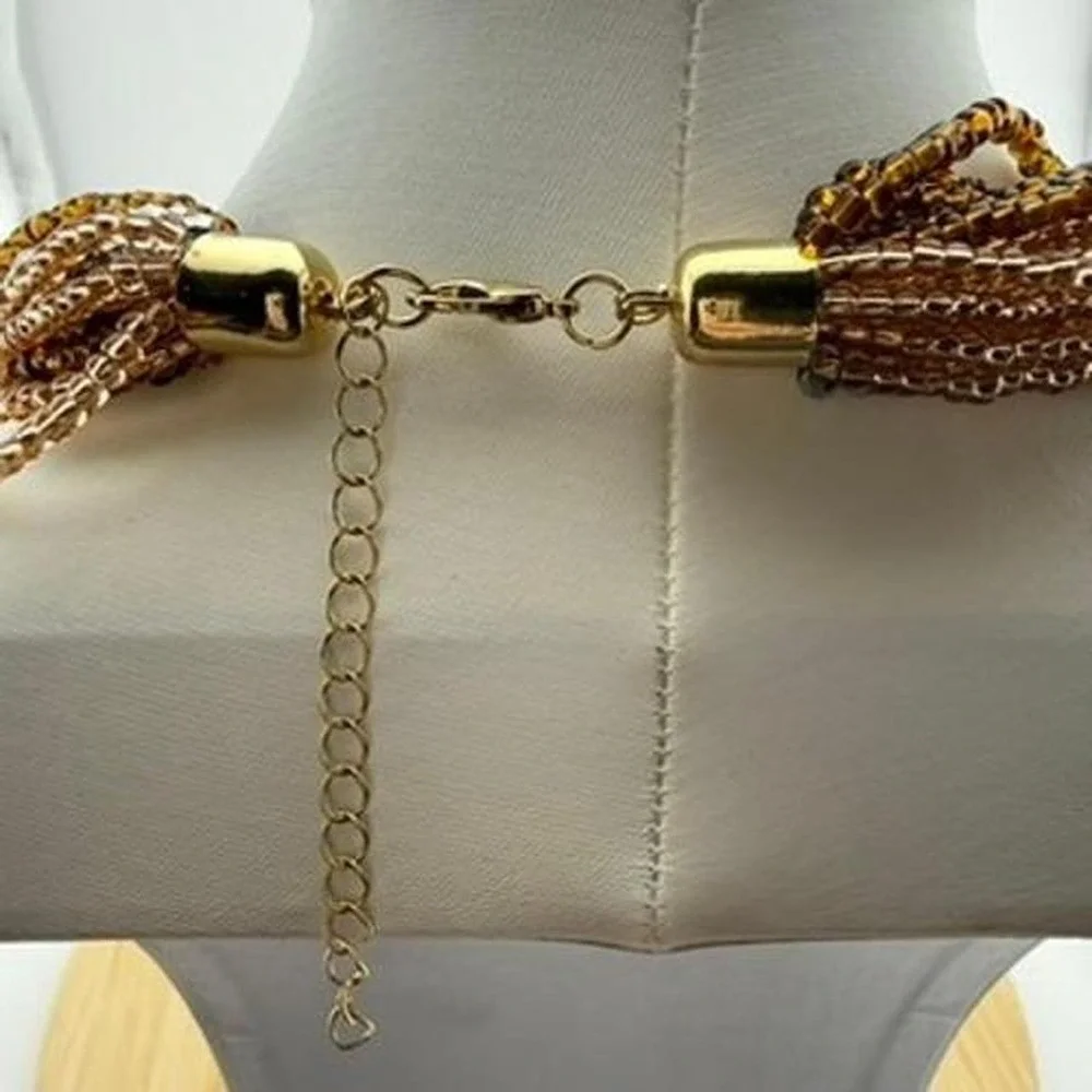 Gold Tone Necklace Glass Seed Bead Multi Strand Twisted Bib Design